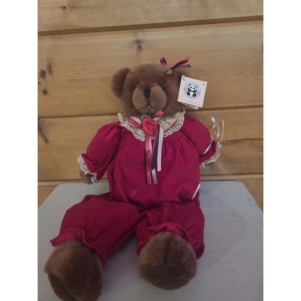 Pacifix Vintage 90's‎ Rare collectible Plush Stuffed Bear Burgundy Pajama F42